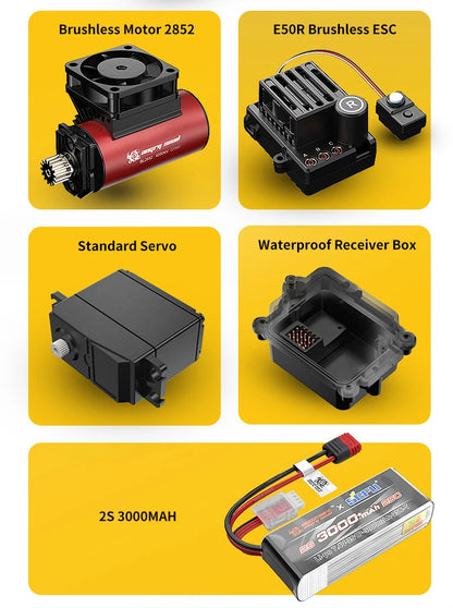 Grote, gele en blauwe off-road RC-buggy met zwarte banden en stuurwiel, uitgerust met een zwarte stuurunit. Ideaal voor speelplein of tuin, geschikt v