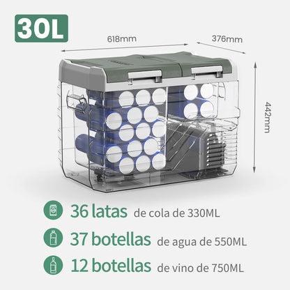 Grijze Alpicool koelbox met open deksel, gevuld met rode blikken en verse fruit. Elektronisch bediend, geschikt voor kampeer- en picknicktoepassingen.