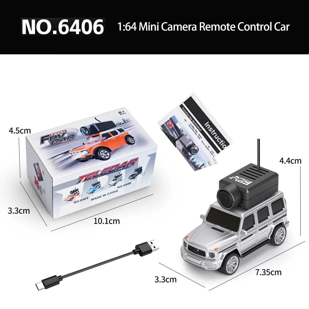 Mini-camera in 1:64 schaal, geïntegreerd in zwarte, zilveren, oranje en blauwe SUV-modellen, met bijbehorende controller en USB-kabel voor speelgoedau