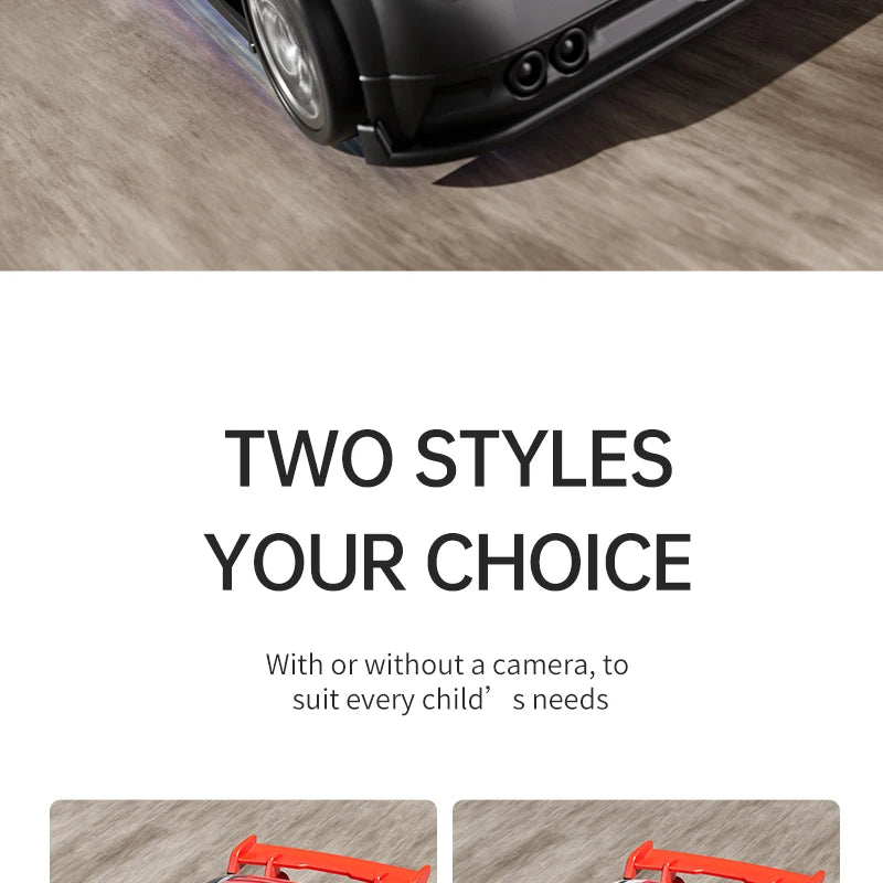 Zwart en witte raceauto’s met HD-camera’s voor live-uitzending, gestuurd via een draadloze controller met scherm. Perfect voor kinderen die racen en s