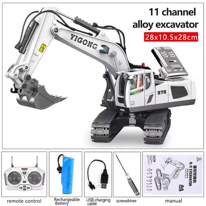 Grote gele en bulldozer met zwarte banden en metalen details, geplaatst op zand met een hand die de oranje controller bedient voor kinderen. Perfect v