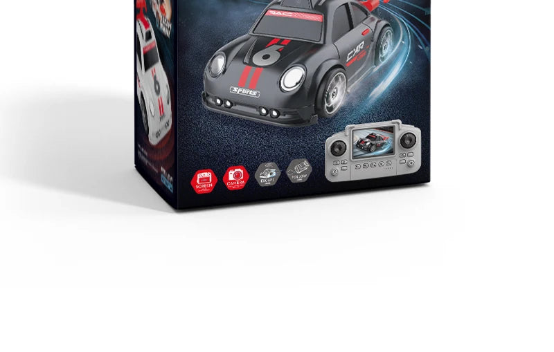 Zwart en witte RC-raceauto’s met HD-camera’s voor live-uitzending, gestuurd via een handbediende controller met scherm. Perfect voor speelgoedraces en
