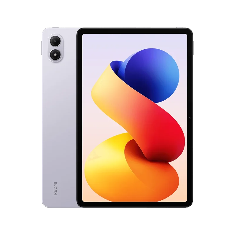 Grijze Redmi-tablet met dubbele camera en scherm met kleurrijke abstracte achtergrond, geschikt voor multimedia en productie. Modern ontwerp voor gebr