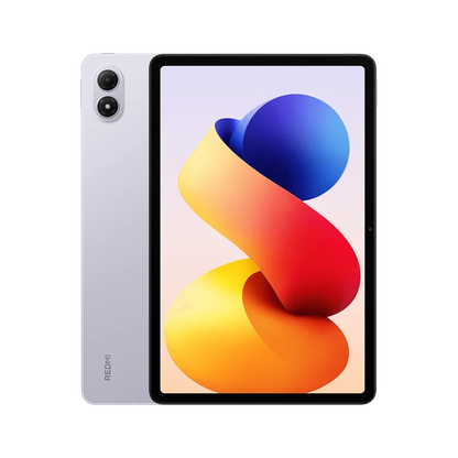 Grijze Redmi-tablet met dubbele camera en scherm met kleurrijke abstracte achtergrond, geschikt voor multimedia en productie. Modern ontwerp voor gebr
