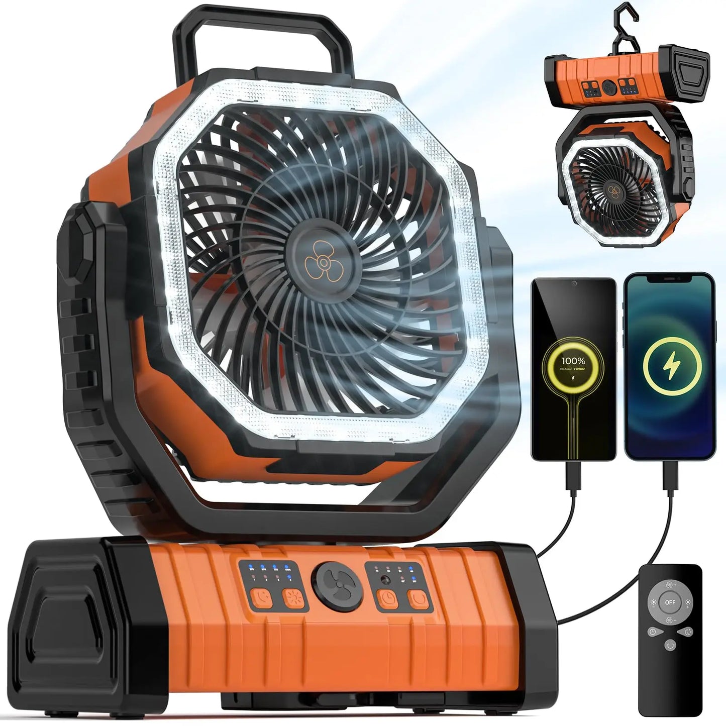 Groene draagbare ventilator met LED-verlichting en oplaadfunctie, uitgerust met afstandsbediening en USB-poorten voor mobiele apparaten, ideaal voor k