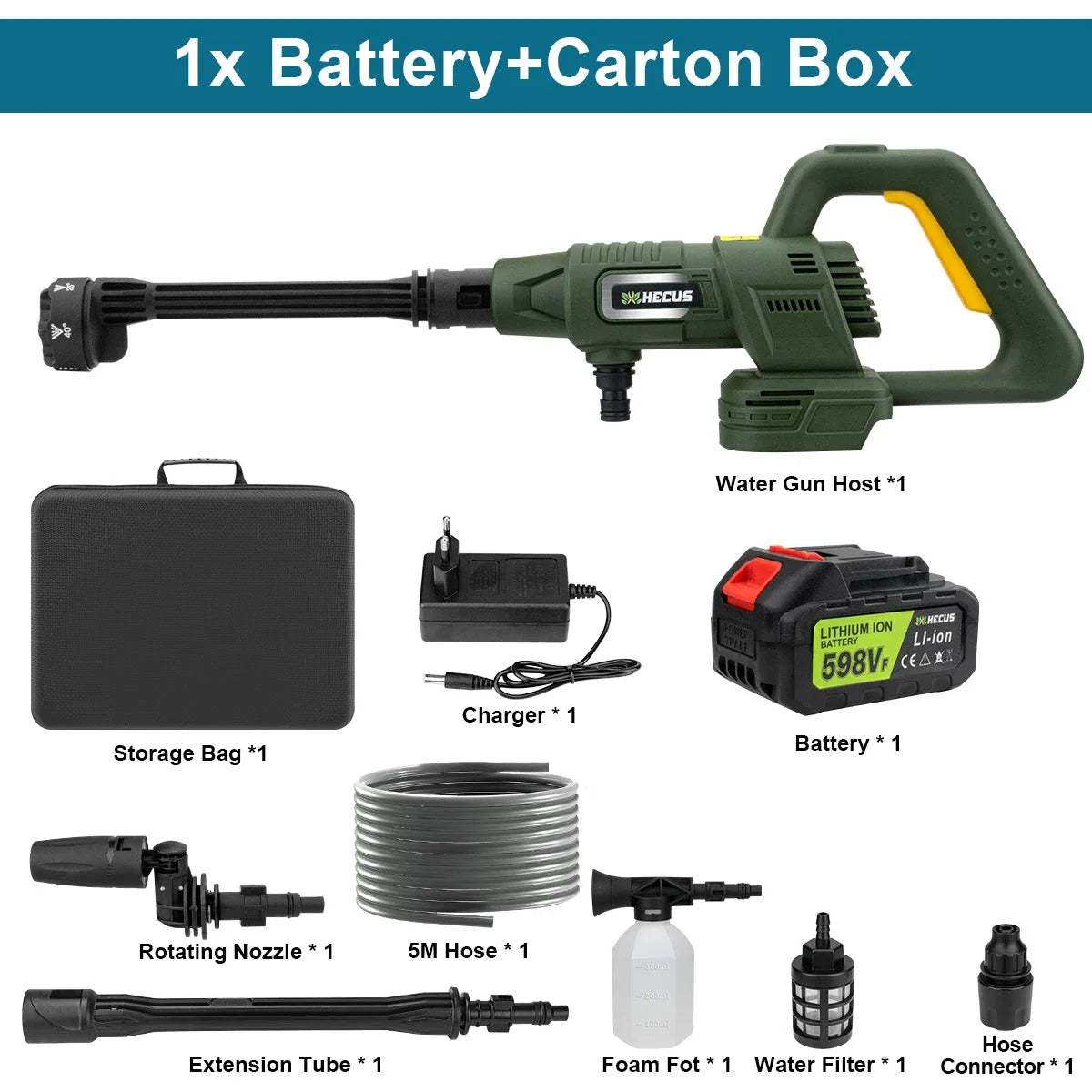 Groene Gisam elektrische carwash met BL-motor, uitgerust met lithium-ion batterijen en 6-in-1 accessoires voor efficiënte auto’s en motorfietsen reini