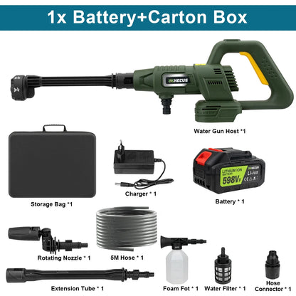 Groene Gisam elektrische carwash met BL-motor, uitgerust met lithium-ion batterijen en 6-in-1 accessoires voor efficiënte auto’s en motorfietsen reini