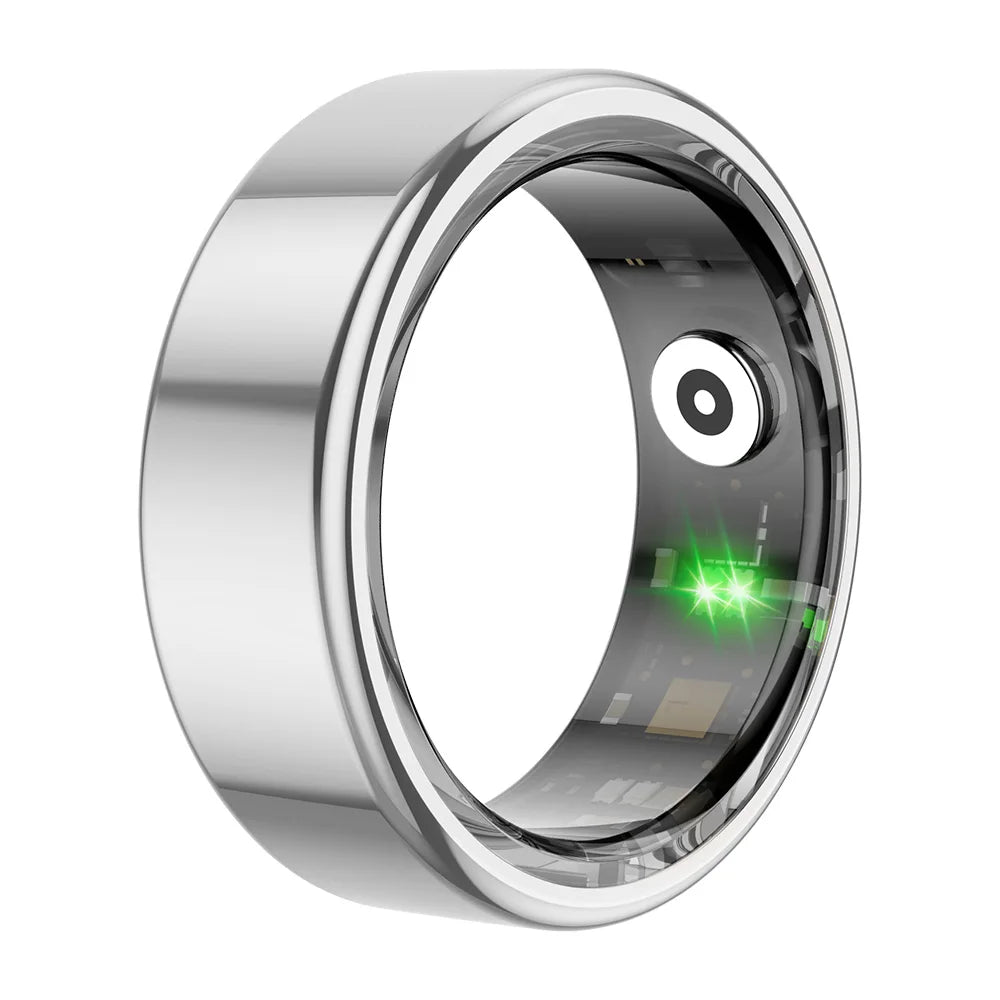 Zwart slimme ring met glanzend oppervlak en zichtbare groene LED-verlichting, voorzien van een transparante binnenkant met elektronische componenten, geschikt als slimme accessoire voor dagelijks gebruik. - Foto 9