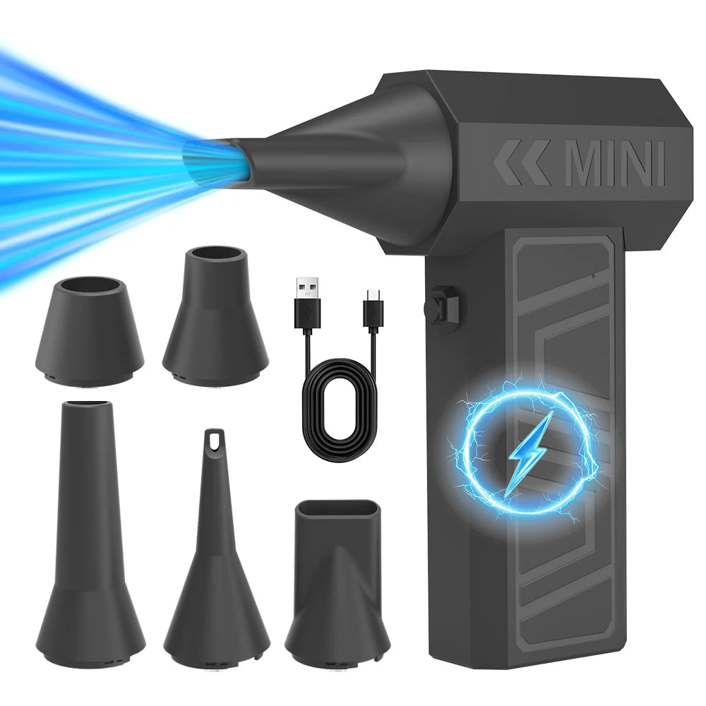 Mini draadloze stofzuiger in zwart, met blauwe stofstroom en meerdere accessoires, geschikt voor schoonmaak van elektronica en kant-en-klaar opzitten.