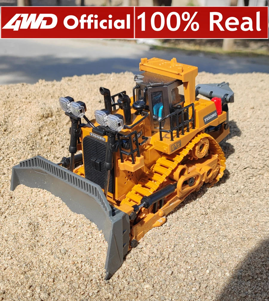 Grote, realistische RC-graafmachine in zwart en geel, met beweegbare arm en schep die zand opvangt. Inclusief 3x batterijen en afstandsbediening voor 