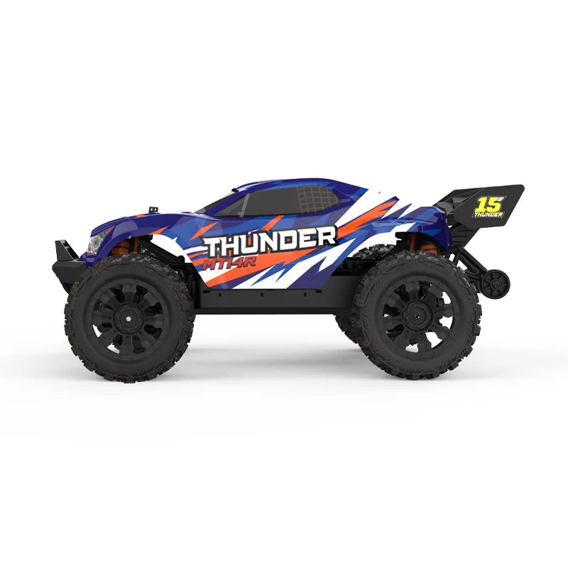 Blauwe JIUSI MT14R 1/14 RC-raceauto met zwarte banden en ‘STORM’- en ‘THUNDER’-afbeeldingen, geschikt voor speelgoedraces en buitenactiviteiten. Perfe