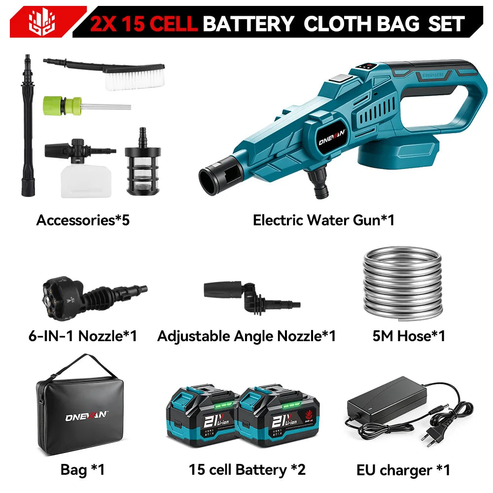 Een blauwe ONEVAN 200BAR draadloze stroomreiniger met 3 versnellingen, inclusief 21V lithium-batterijen, een 5-meter slang en diverse accessoires voor