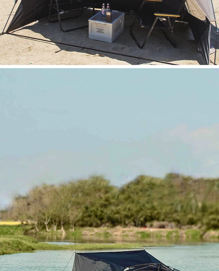 Zilveren vinyl zonnescherm met UPF60+ bescherming, geplaatst op het strand met twee vouwstoelen en tafel. Ideaal voor zonbescherming tijdens kamperen 