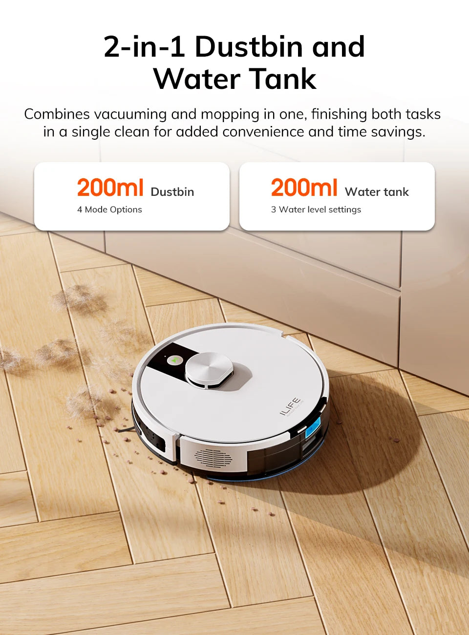 De witte ILIFE robotstofzuiger met zwart accent en bijbehorende oplader, klaar voor slimme stofzuiging via app. Ideaal voor moderne huishoudens op zoe
