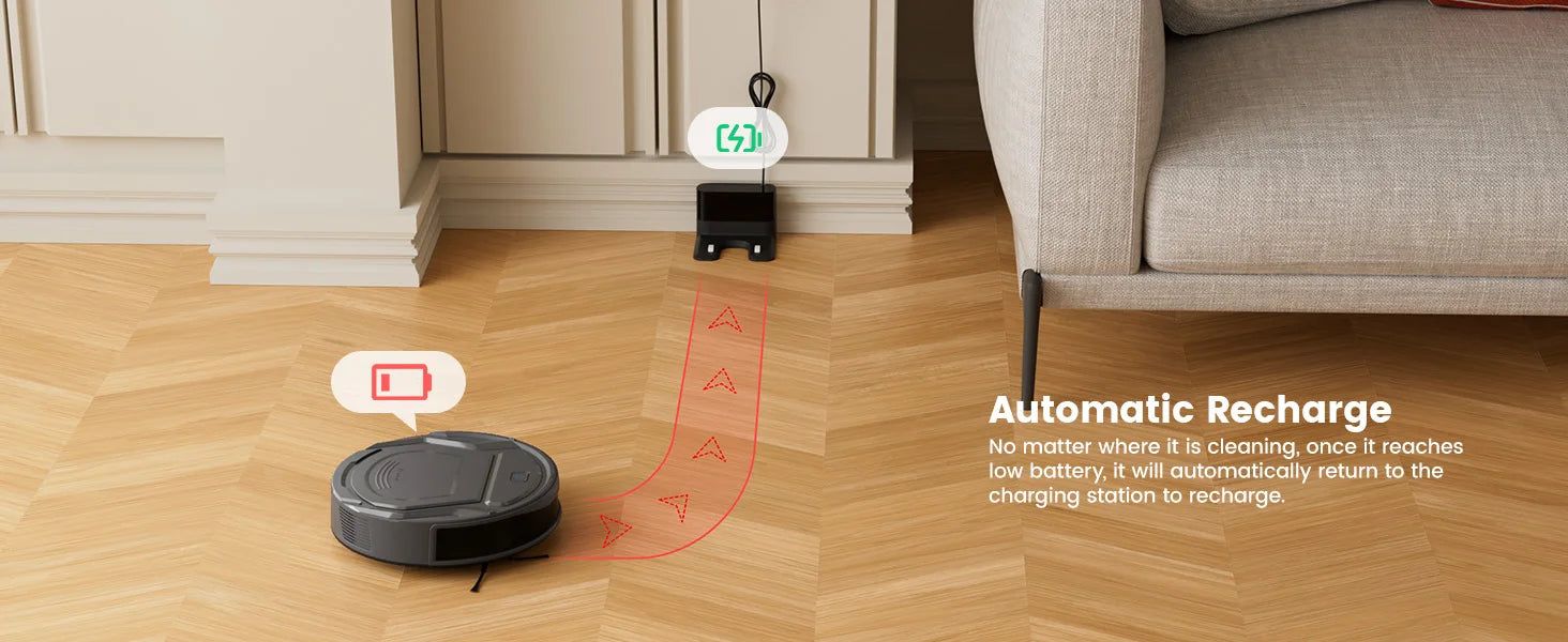 Zwarte Lefant M210 Pro+ robotstofzuiger met glanzend oppervlak en blauwe power-indicator, uitgerust voor slimme huishoudelijke reiniging via app of sm