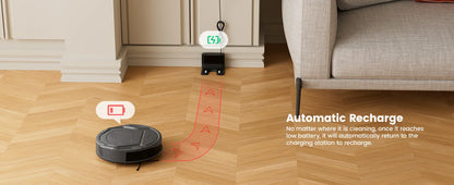 Zwarte Lefant M210 Pro+ robotstofzuiger met glanzend oppervlak en blauwe power-indicator, uitgerust voor slimme huishoudelijke reiniging via app of sm