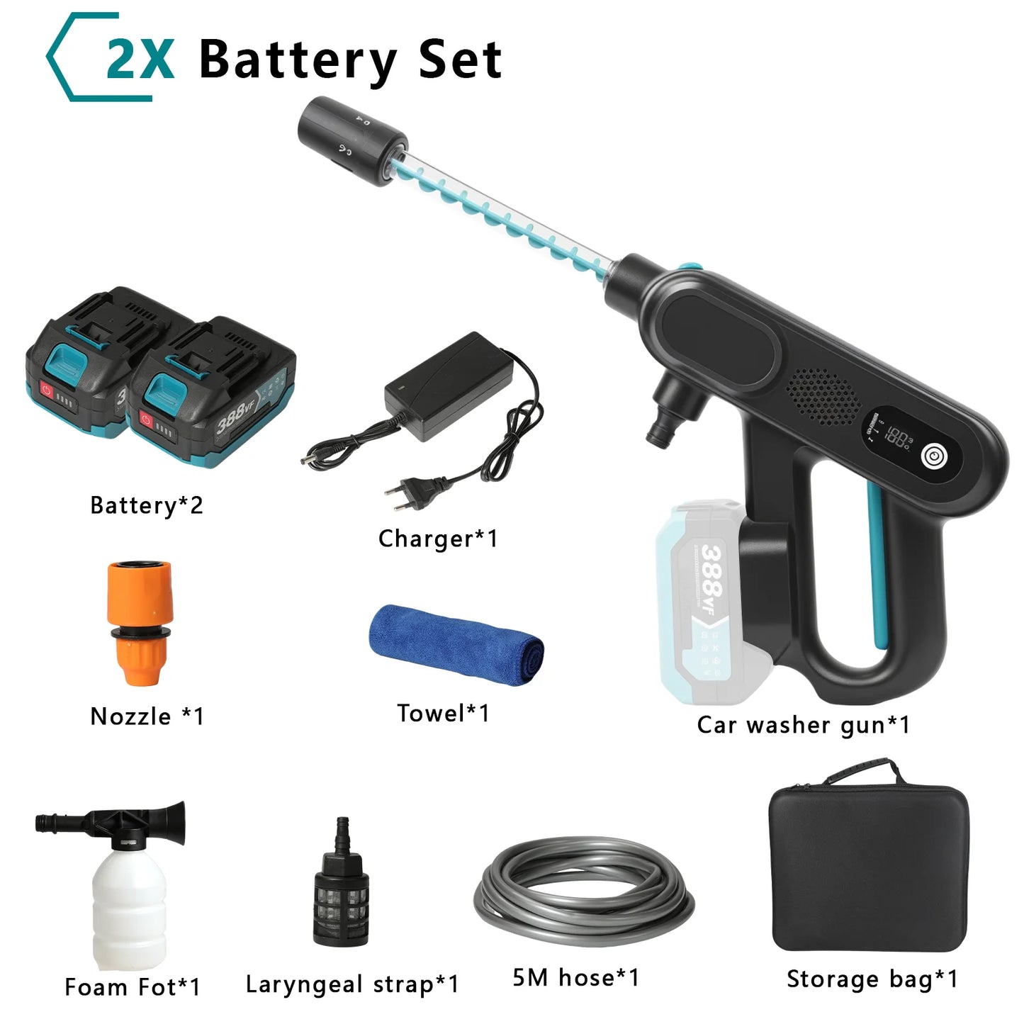 Een zwarte en turquoise draadloze stroomreiniger met digitale display, inclusief twee batterijen, een opvouwbare slang, een blauwe microfiberdoek en a