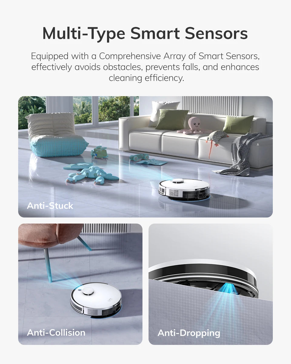 De witte ILIFE robotstofzuiger met zwart accent en app-verbinding voor slimme huishoudelijke reiniging. Geïntegreerd stofzuigstation en mobiele app vo