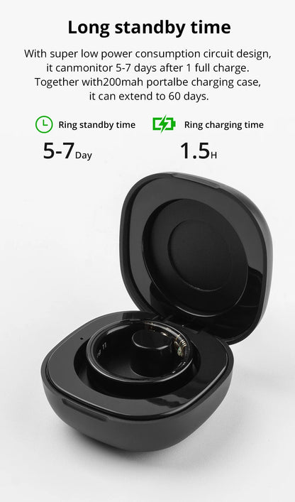 Zwart COLMi slimme ring met glanzend metaal en zichtbare LED’s, geïntegreerd met een compacte oplader voor dagelijks gebruik en sportactiviteiten. - Foto 20
