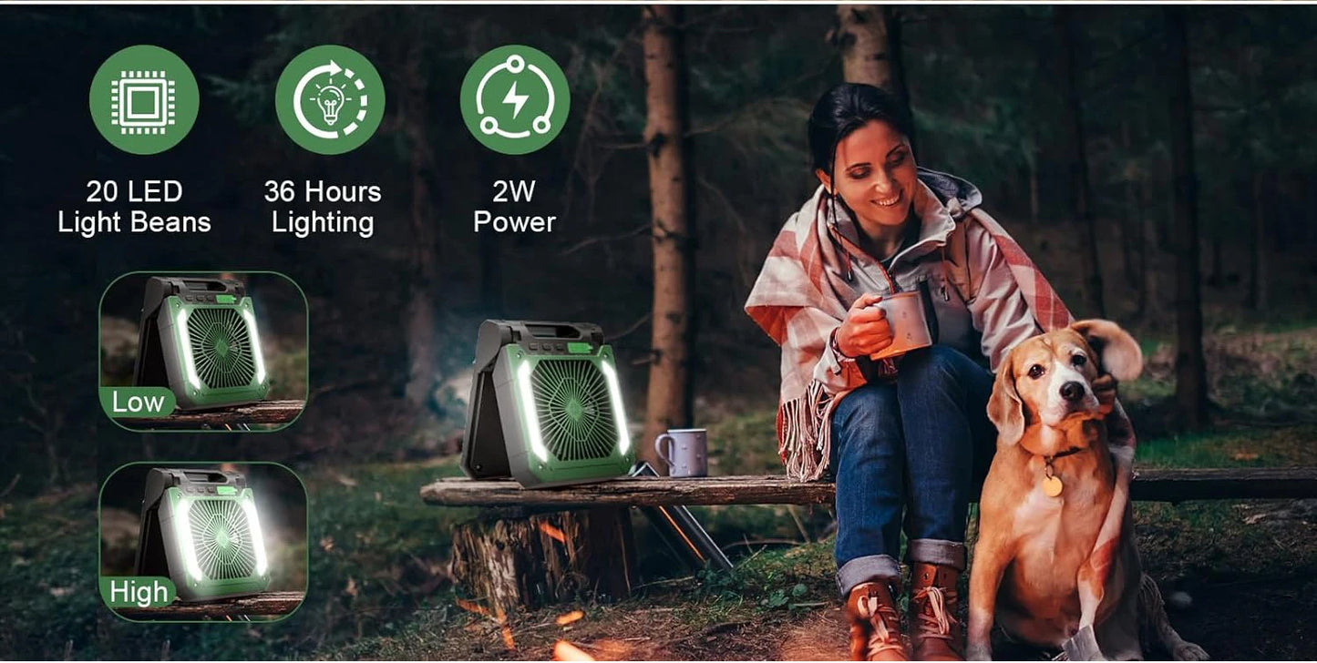 Groene draagbare ventilator met LED-verlichting en zonne-energiepaneel, uitgerust met USB-poorten en 20000mAh accu voor mobiele apparaten en outdoor-g