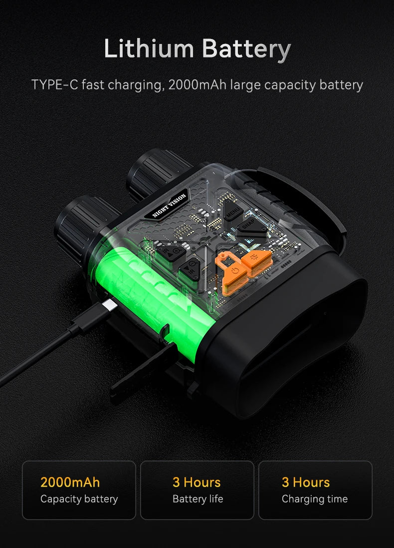 Zwarte nachtzichtverrekijker met 3W,850NM infraroodverlichting, toont duidelijk herten in bos. Inclusief USB-kabel, riem en compacte variant voor jach