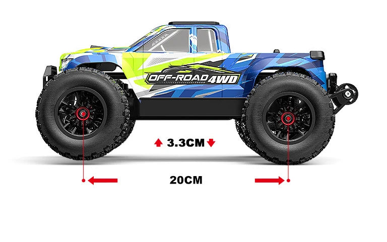 Grote, gele en blauwe off-road RC-buggy met zwarte banden en stuurwiel, inclusief zwarte stuurunit. Ideaal voor speelplein of tuin, geschikt voor kind