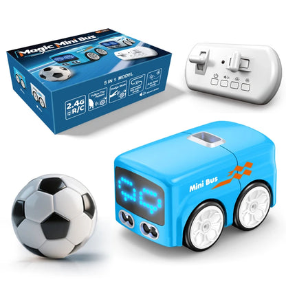 Mini bus met blauwe en witte kleuren, LED-scherm en witte wielen, bediend via afstandsbediening voor kinderen. Speelgoed voor kinderen, geschikt voor 
