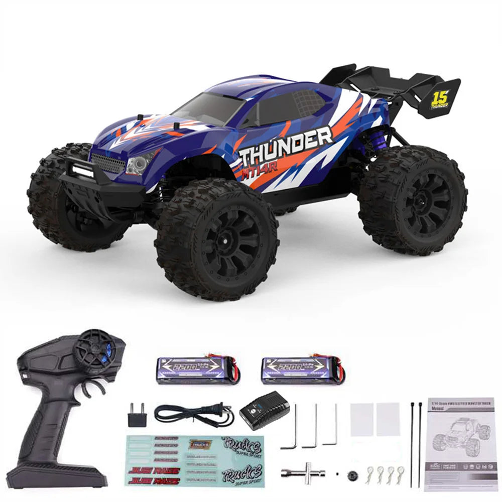 Blauwe JIUSI MT14R 1/14 RC-raceauto met zwarte banden en “STORM”- en “THUNDER”-afbeeldingen, geschikt voor speelgoedraces en buitenactiviteiten. - Fot