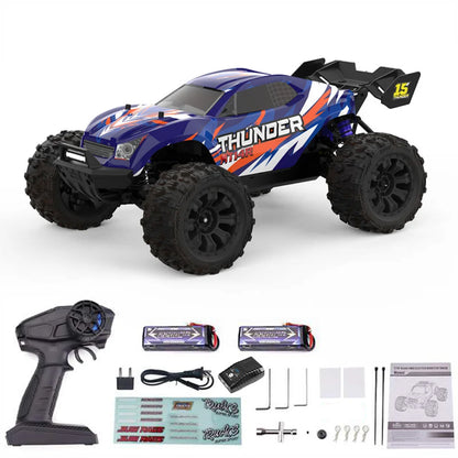Blauwe JIUSI MT14R 1/14 RC-raceauto met zwarte banden en “STORM”- en “THUNDER”-afbeeldingen, geschikt voor speelgoedraces en buitenactiviteiten. - Fot