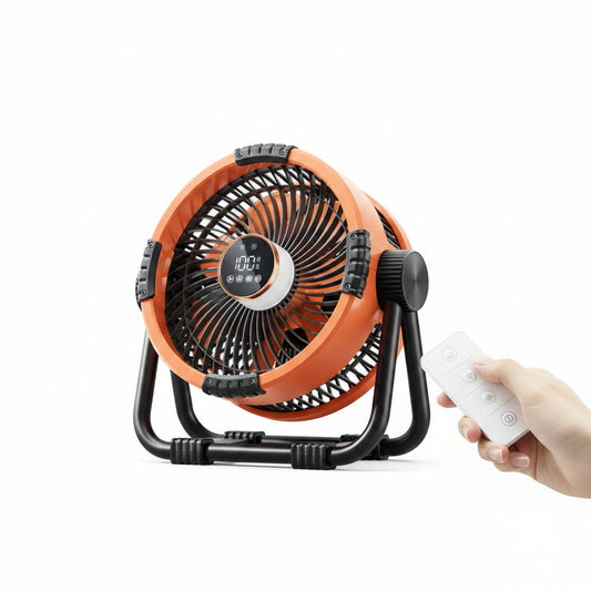 Oranje Kinscoter 6-in-1 kampeerventilator met 20000mAh batterij, digitale display en afstandsbediening, geschikt voor camping en reizen. - Foto 1
