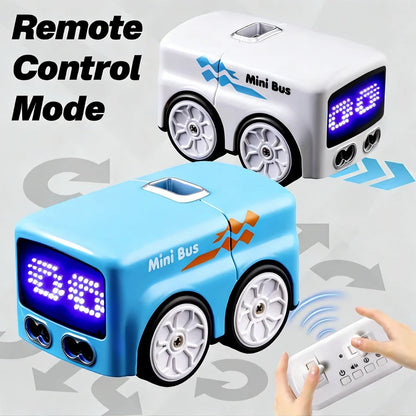 Mini bus met LED-display en witte wielen, in blauw en wit, bedienbaar via afstandsbediening voor kinderen. Perfect voor speelplein of kamer, met speel