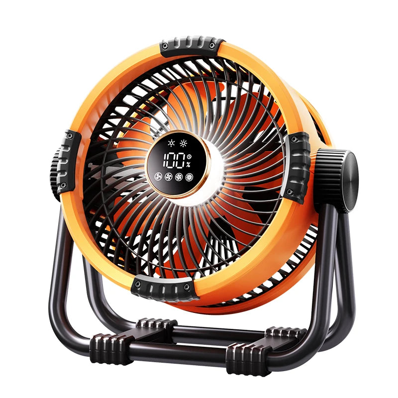 Oranje Kinscoter 6-in-1 kampeerventilator met 20000mAh batterij, digitale display en afstandsbediening, geschikt voor kampen en reizen. Compacte, draa