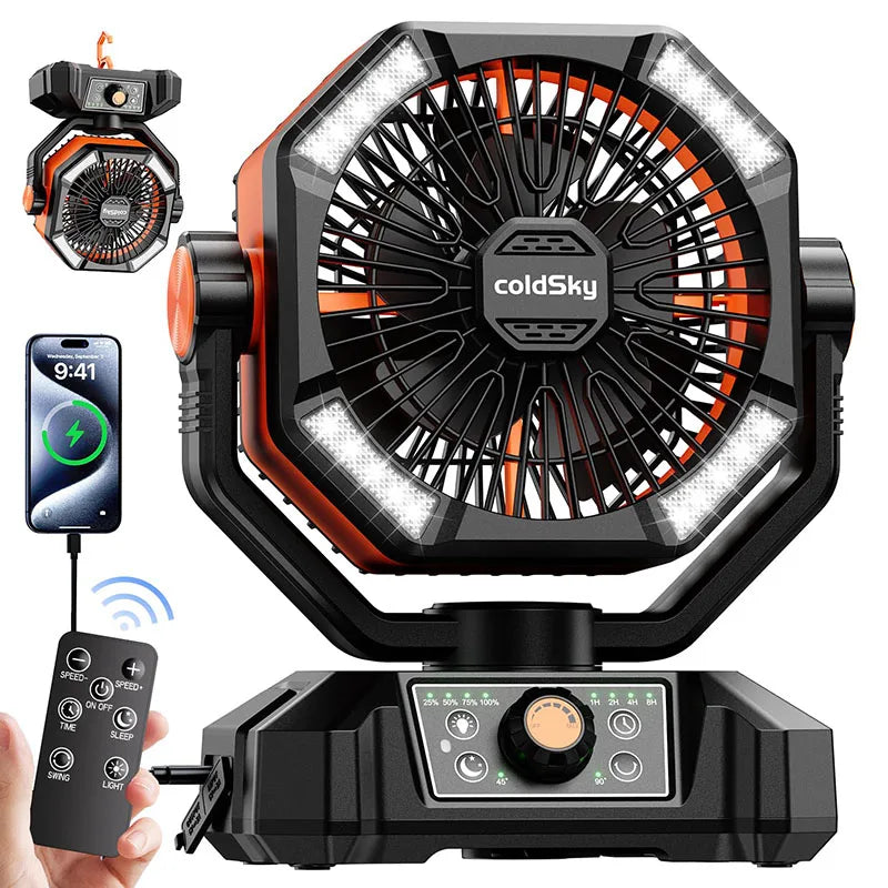 Zwarte en oranje outdoor camping fan met 4 LED-lampjes en draaibare kop, uitgerust met intelligent remote control en 20000mAh batterij voor gebruik op