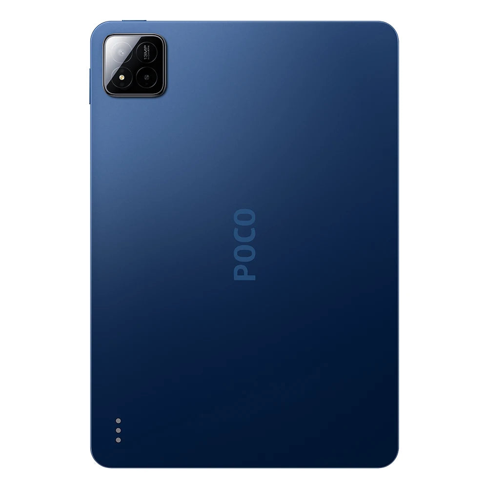 De POCO Pad X1 tablet in donkergrijs met goudkleurige cameraomlijsting, voorzien van een kleurrijk scherm met abstracte geometrische patronen, geschik