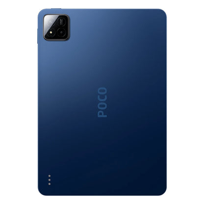 De POCO Pad X1 tablet in donkergrijs met goudkleurige cameraomlijsting, voorzien van een kleurrijk scherm met abstracte geometrische patronen, geschik