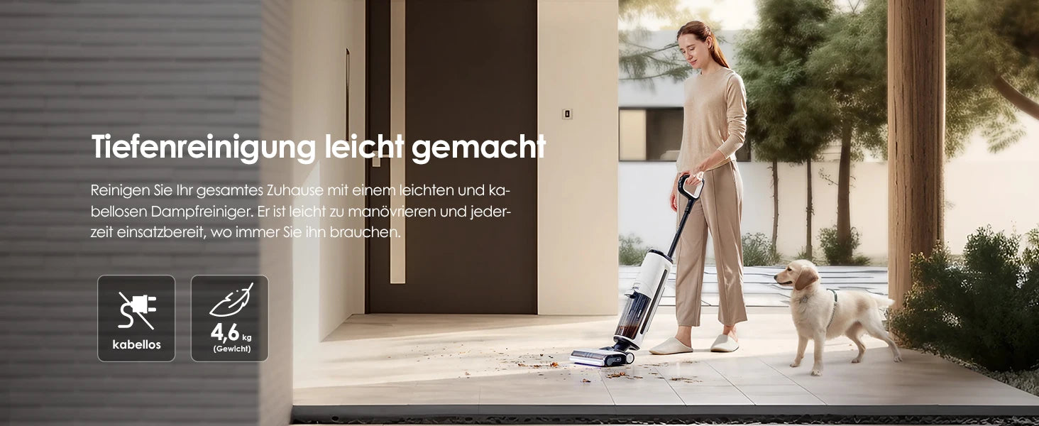De Tineco stofzuiger met stoomfunctie, wit en zwart, heeft een transparante waterreservoir en een stoomkop die damp uitblaast voor efficiënte vloer- e