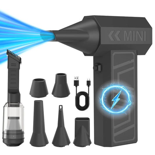 Zwart mini stofzuiger met blauwe stofstroom, inclusief diverse accessoires en USB-kabel, speciaal ontworpen voor het schoonmaken van moeilijk bereikba