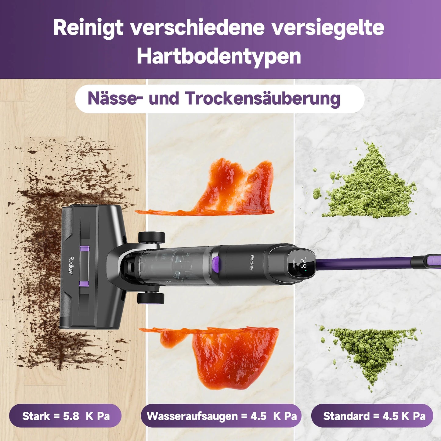 De Redkey W15 stofzuiger in zwart en paars, met duidelijk zichtbare waterreservoirs en digitale display, geschikt voor efficiënte vloer- en tapijtverz