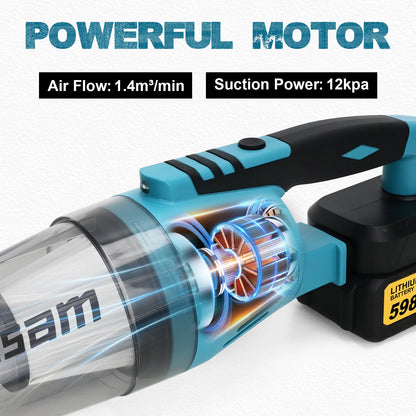De Gisam draadloze stofzuiger in blauw en zwart met lithium-ion accu, geschikt voor kantoor- en huishoudelijke reiniging, met 1500W vermogen en 1,4 m³