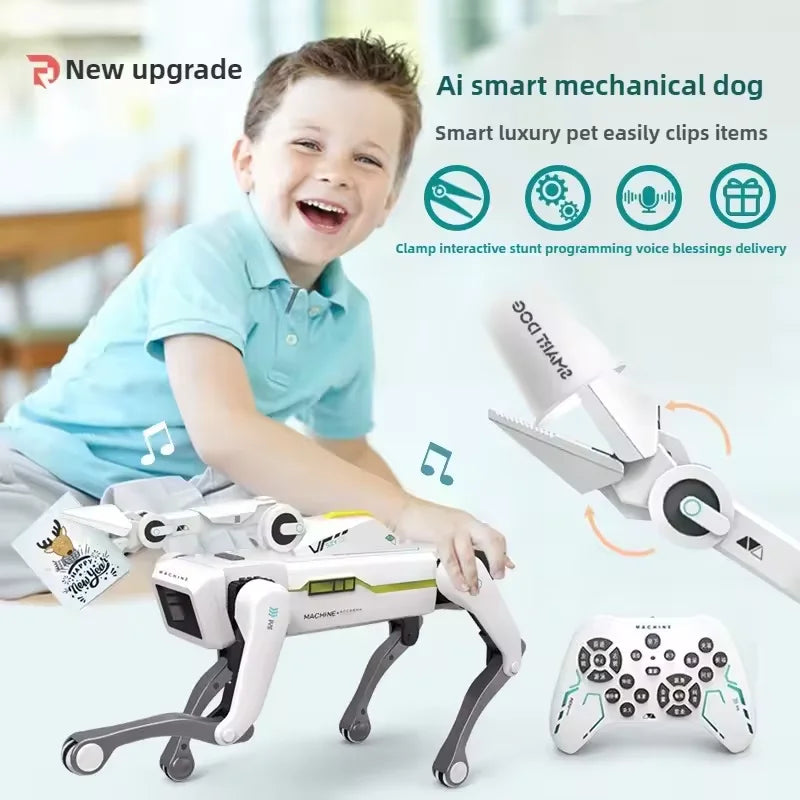 De witte 2.4G RC Smart Dog met groene accenten en zwarte poten, uitgerust met Bluetooth en een afstandsbediening, is een interactief speelgoed voor ki