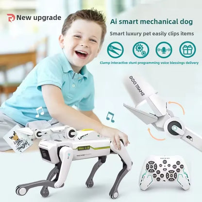 De witte 2.4G RC Smart Dog met groene accenten en zwarte poten, uitgerust met Bluetooth en een afstandsbediening, is een interactief speelgoed voor ki