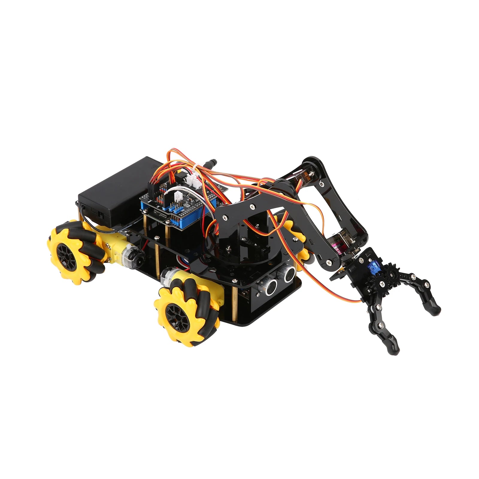 Een zwarte robotauto met gele Mecanumwielen en een robuust mechanisch armstelsel, bedienbaar via smartphone voor educatieve programmering met ESP32 of