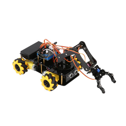 Een zwarte robotauto met gele Mecanumwielen en een robuust mechanisch armstelsel, bedienbaar via smartphone voor educatieve programmering met ESP32 of