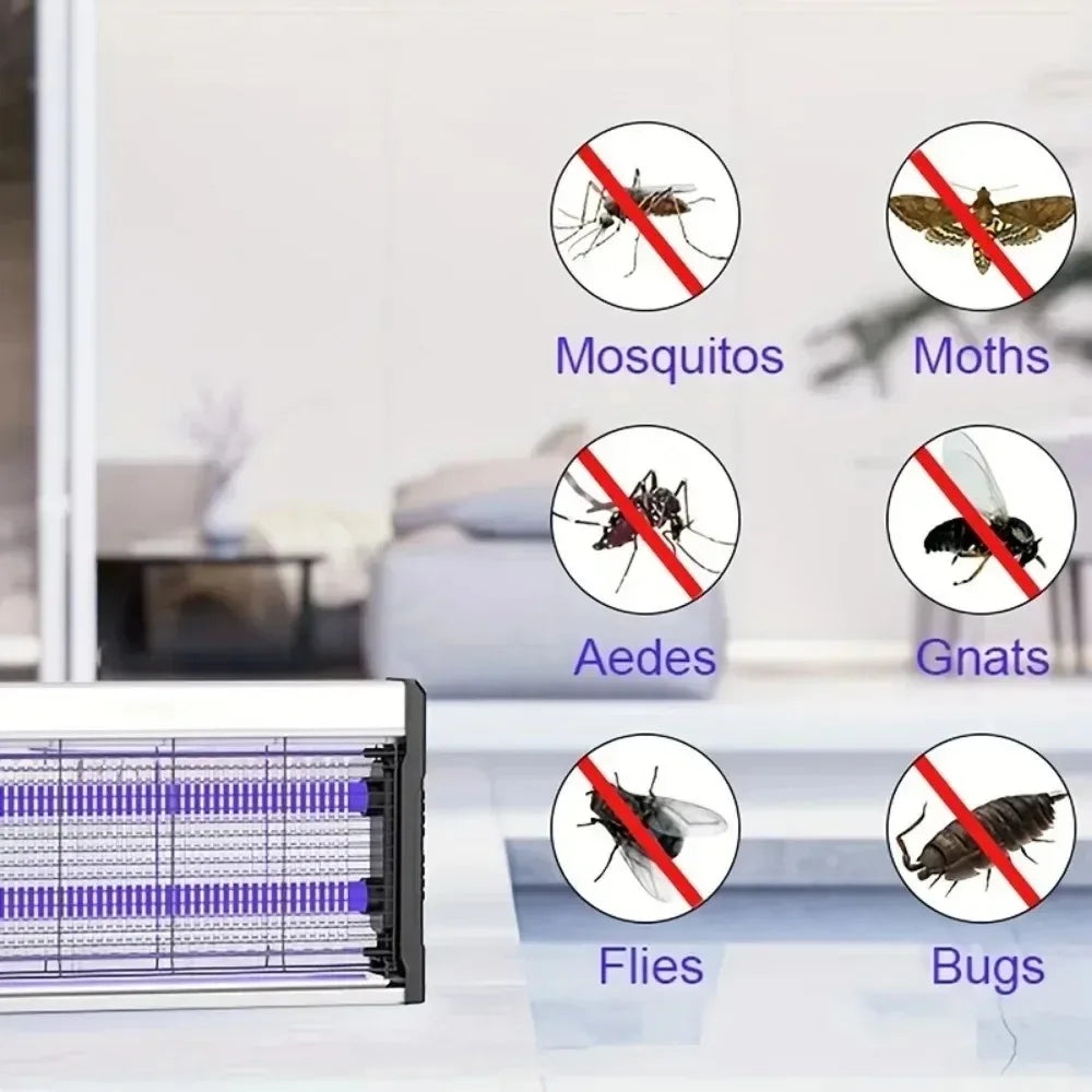 Een JOYON insectenkiller met zwarte randen en een witte bovenkant, hangend aan een ketting. Het apparaat heeft een blauwe UV-lamp en is geschikt voor 