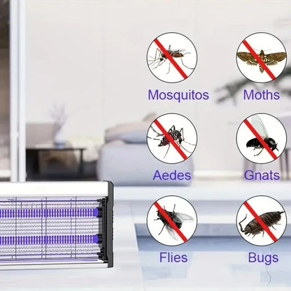 Een JOYON insectenkiller met zwarte randen en een witte bovenkant, hangend aan een ketting. Het apparaat heeft een blauwe UV-lamp en is geschikt voor 