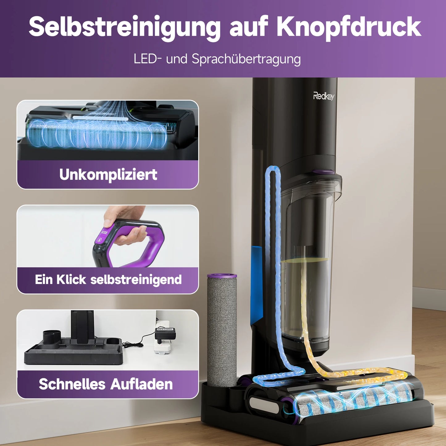 De Redkey W15 stofzuiger in zwart en paars, met duidelijk zichtbare waterreservoirs en digitale display, geschikt voor efficiënte vloer- en tapijtverz