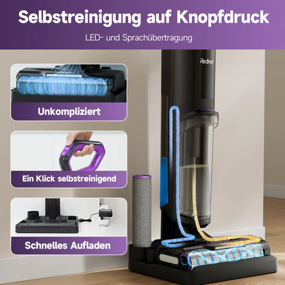 De Redkey W15 stofzuiger in zwart en paars, met duidelijk zichtbare waterreservoirs en digitale display, geschikt voor efficiënte vloer- en tapijtverz