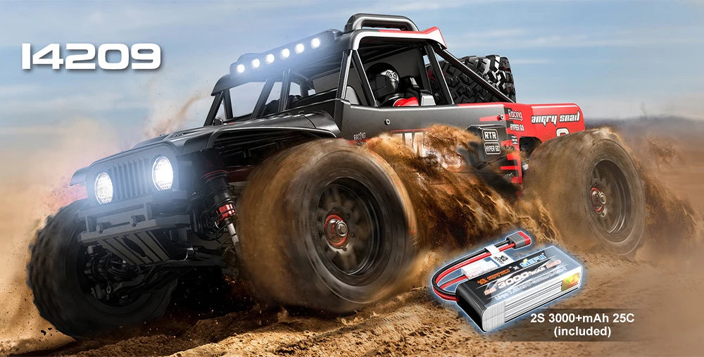Een rood-zwarte 4WD off-road RC buggy met grote knipperende koplampen en zwarte banden, uitgerust met een zwarte stuurunit en 2S/25C batterijen, speci