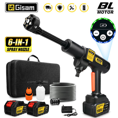 Zwarte Gisam draadloze stroomreiniger met 6-in-1 spuitmondstuk, lithium-ion batterijen en accessoires voor efficiënte car wash en huishoudelijke reini