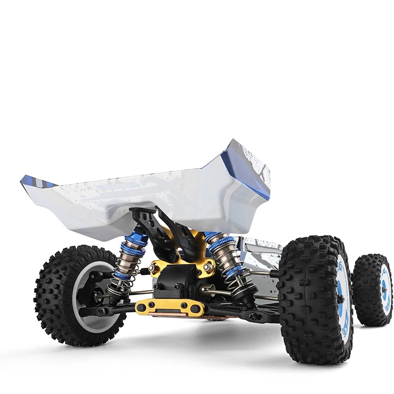 WLtoys Zealot 1:12 RC buggy met blauw-wit camouflage, zichtbare schokdempers en rubberen banden, geschikt voor terrein- en racetoepassingen. - Foto 22